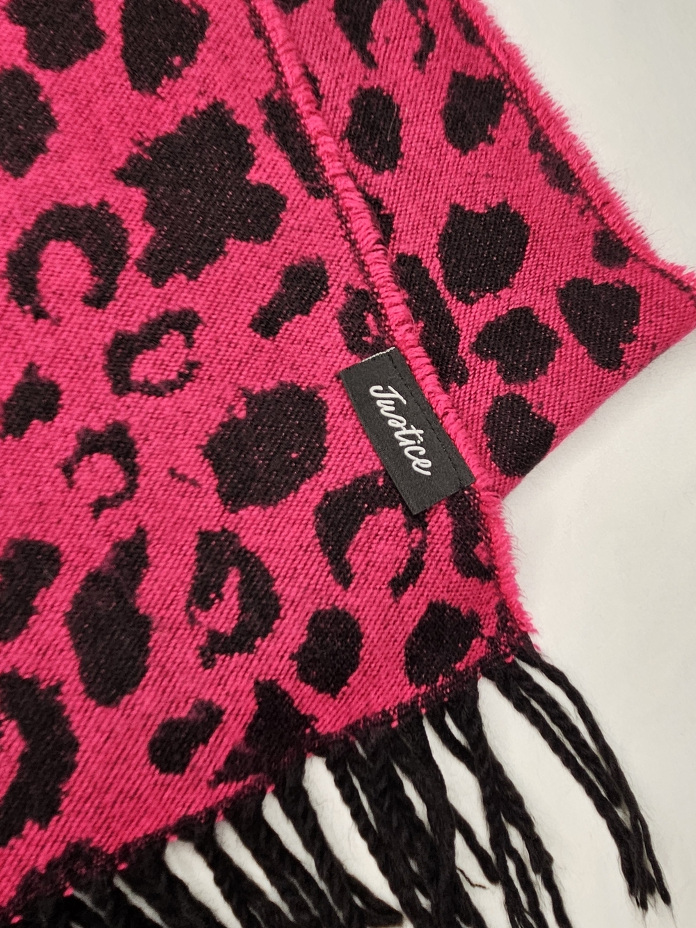 Justice Hot Pink Leopard Print Scarf Fringe Knit Soft Winter Wrap Youth